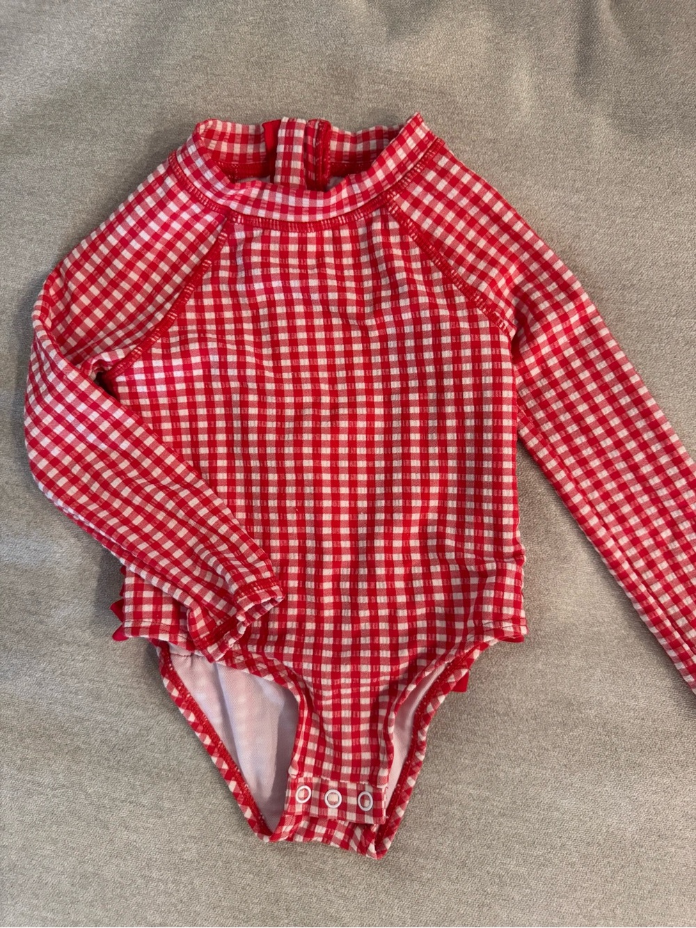 Kids Long-Sleeve Red Gingham One-Piece Swimsuit
